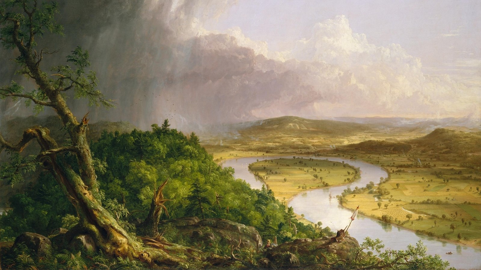Painting of mountains and trees.