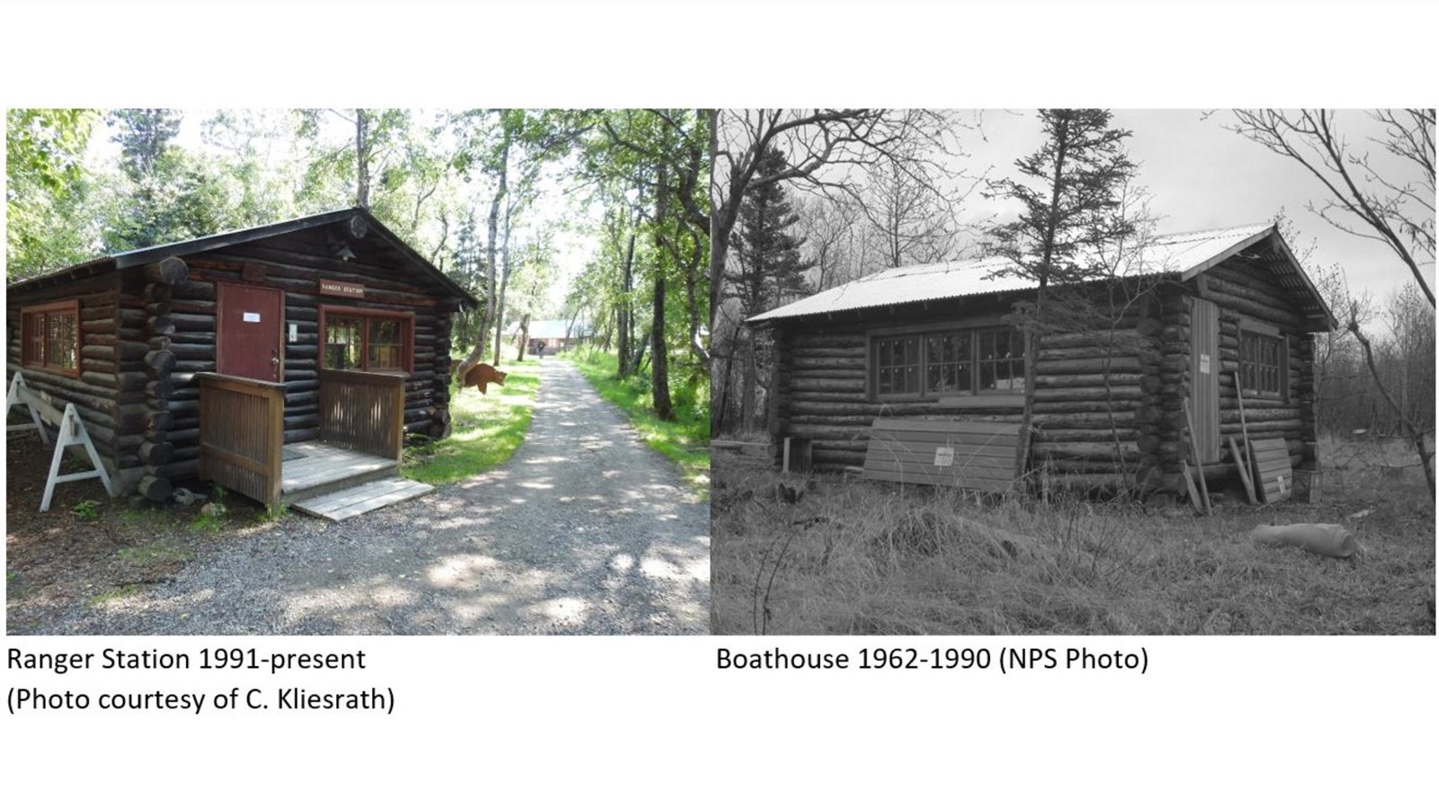 Black and white picture of single room, log constructed building