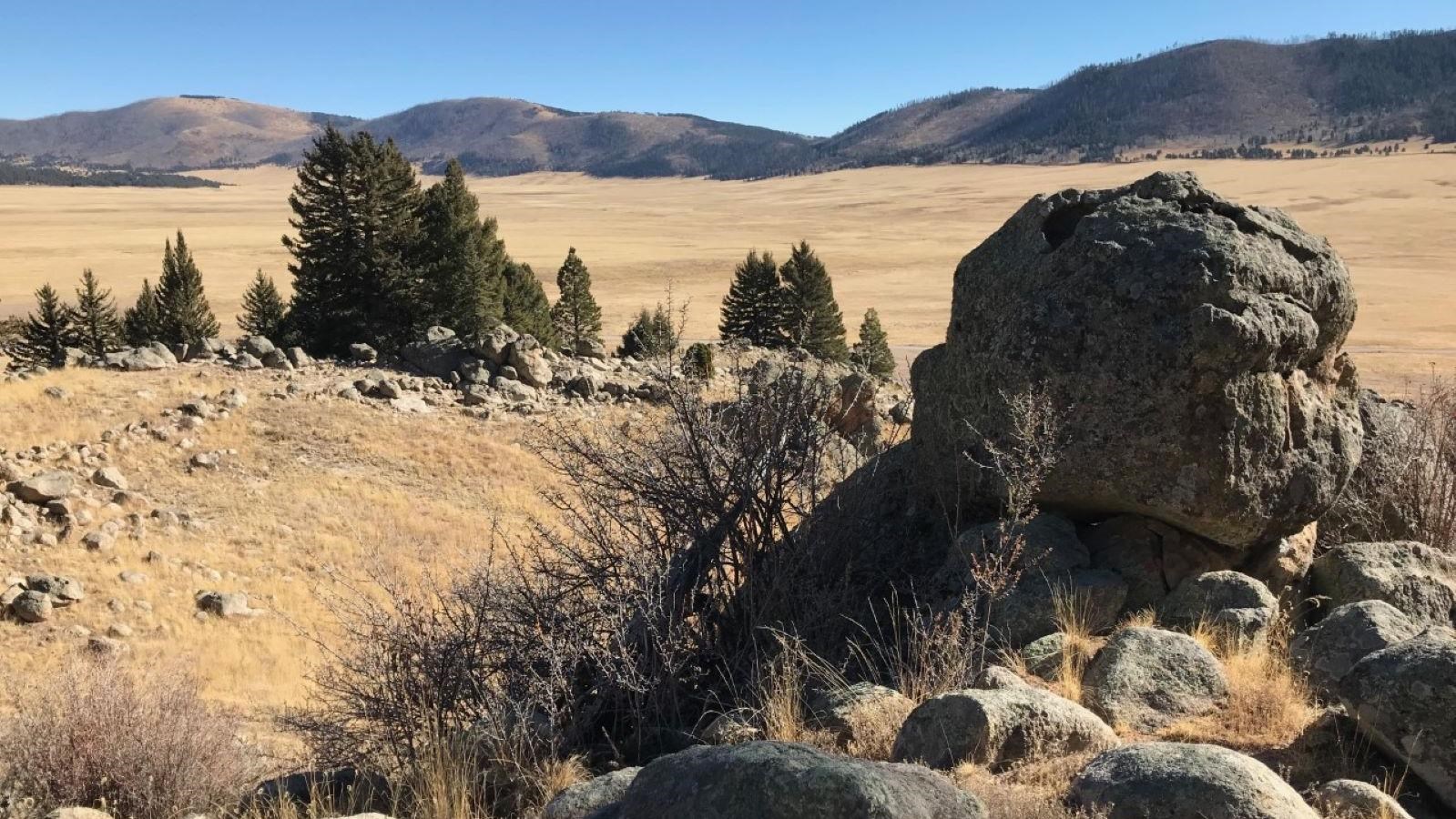 A view across large boulders toward a vast montane grassland.