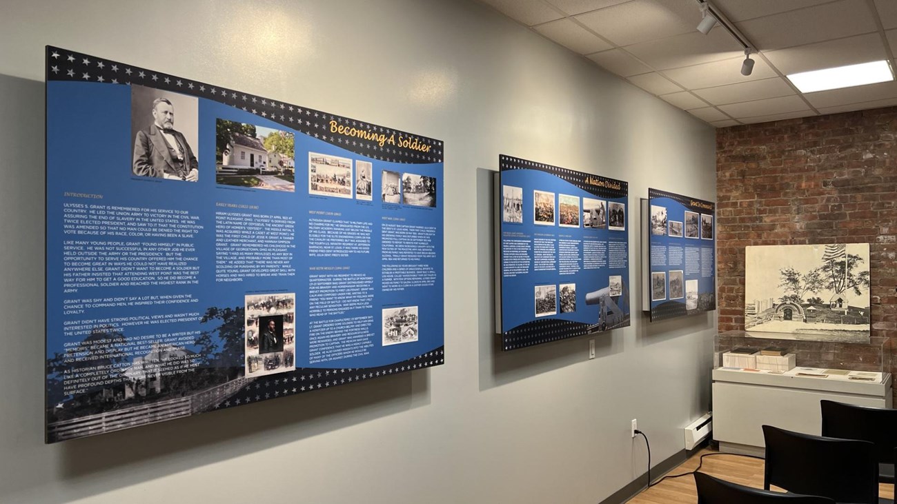 Three display panels with information about Ulysses Grant.