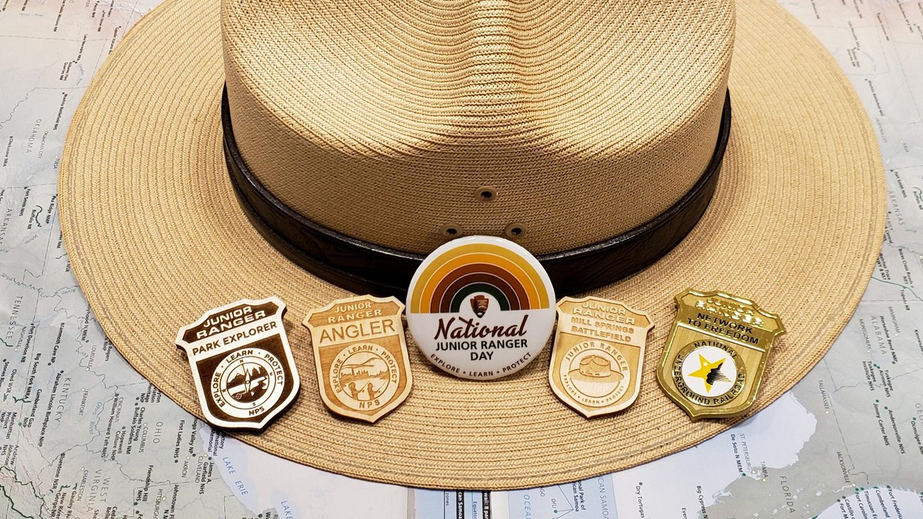 NPS flat hat with 5 Junior Ranger Badges on the brim.