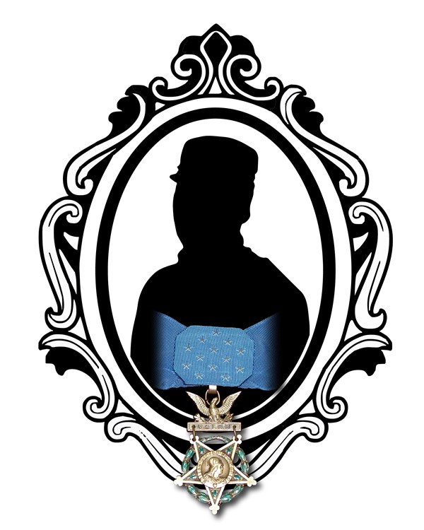 silhouette of soldier with black decorative frame around it. Medal of Honor hangs from bottom.
