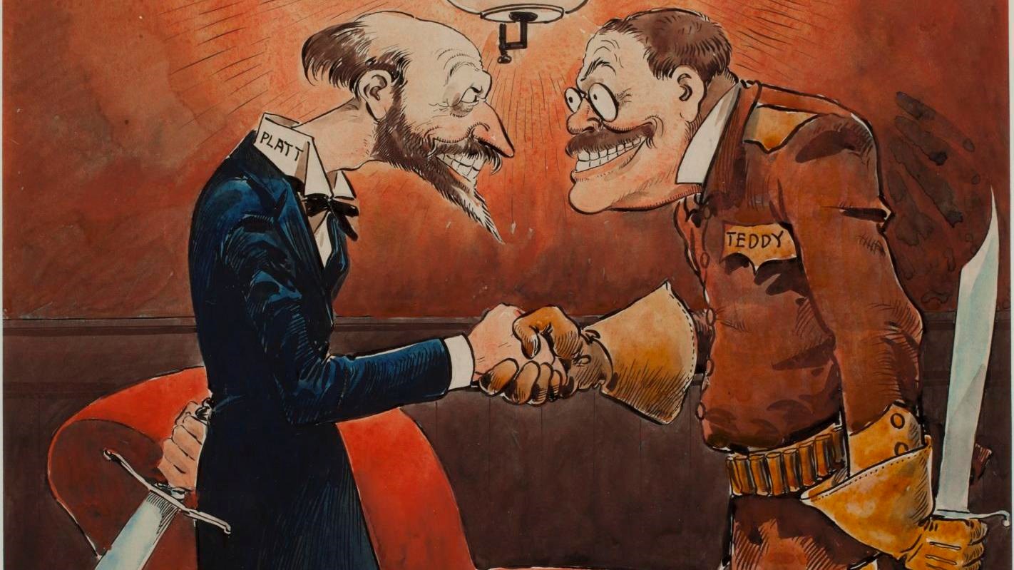 A political cartoon depicting Theodore Roosevelt and Thomas Platt holding knives.