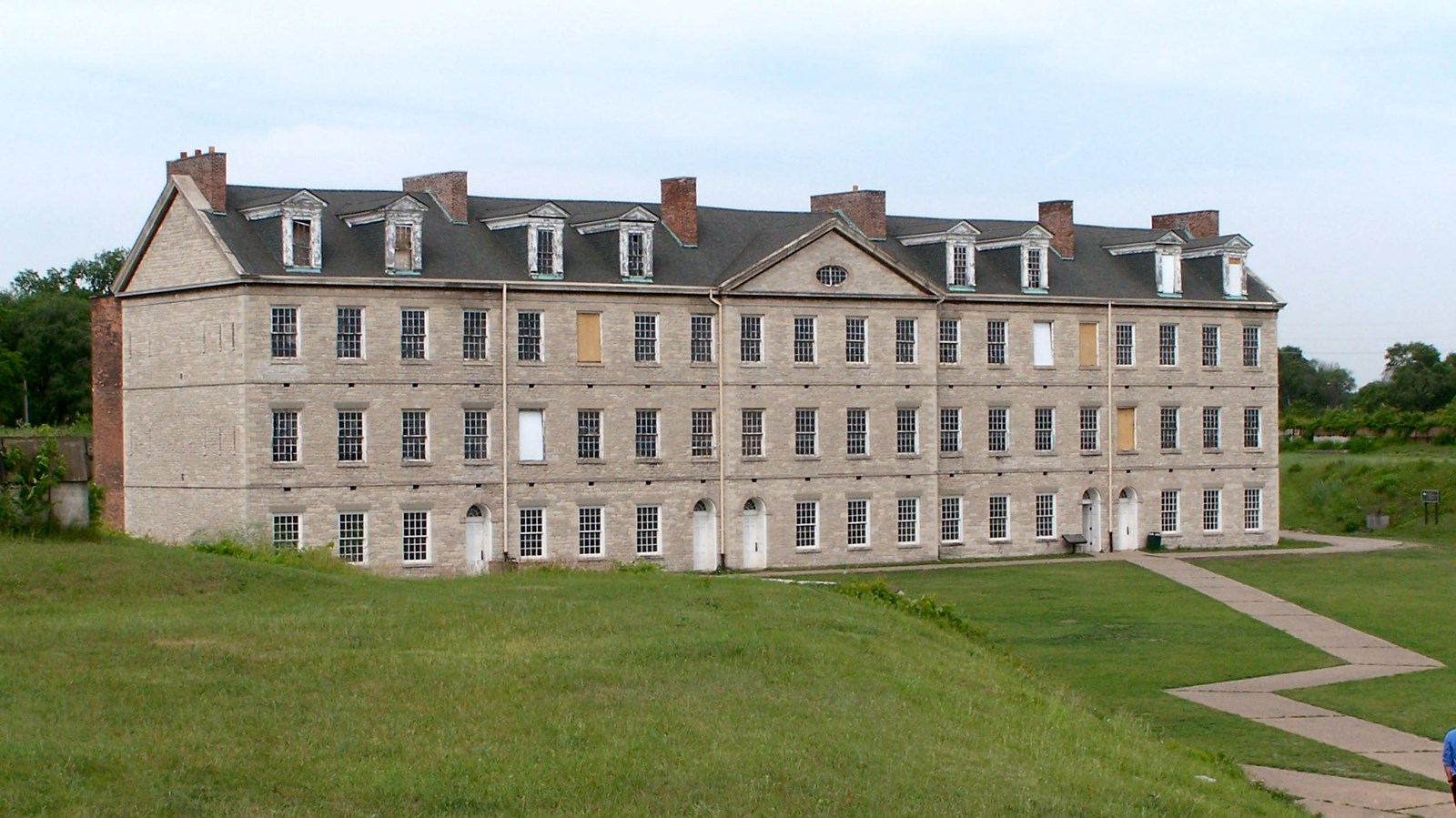 Tall stone building.