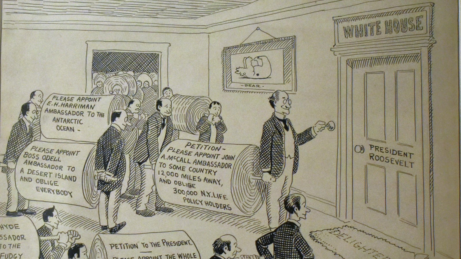 A political cartoon depicting a group of people bringing large rolls of paper to the President.