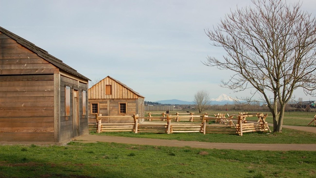 Two small cabins with fences with Mount Hood in the background.