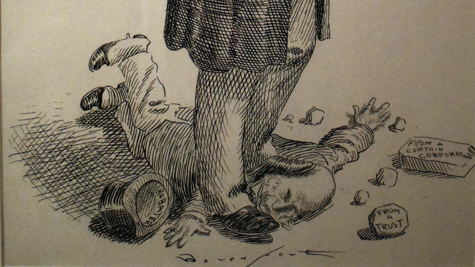 A political cartoon depicting Theodore Roosevelt standing on a man labeled ‘rebater.’ 