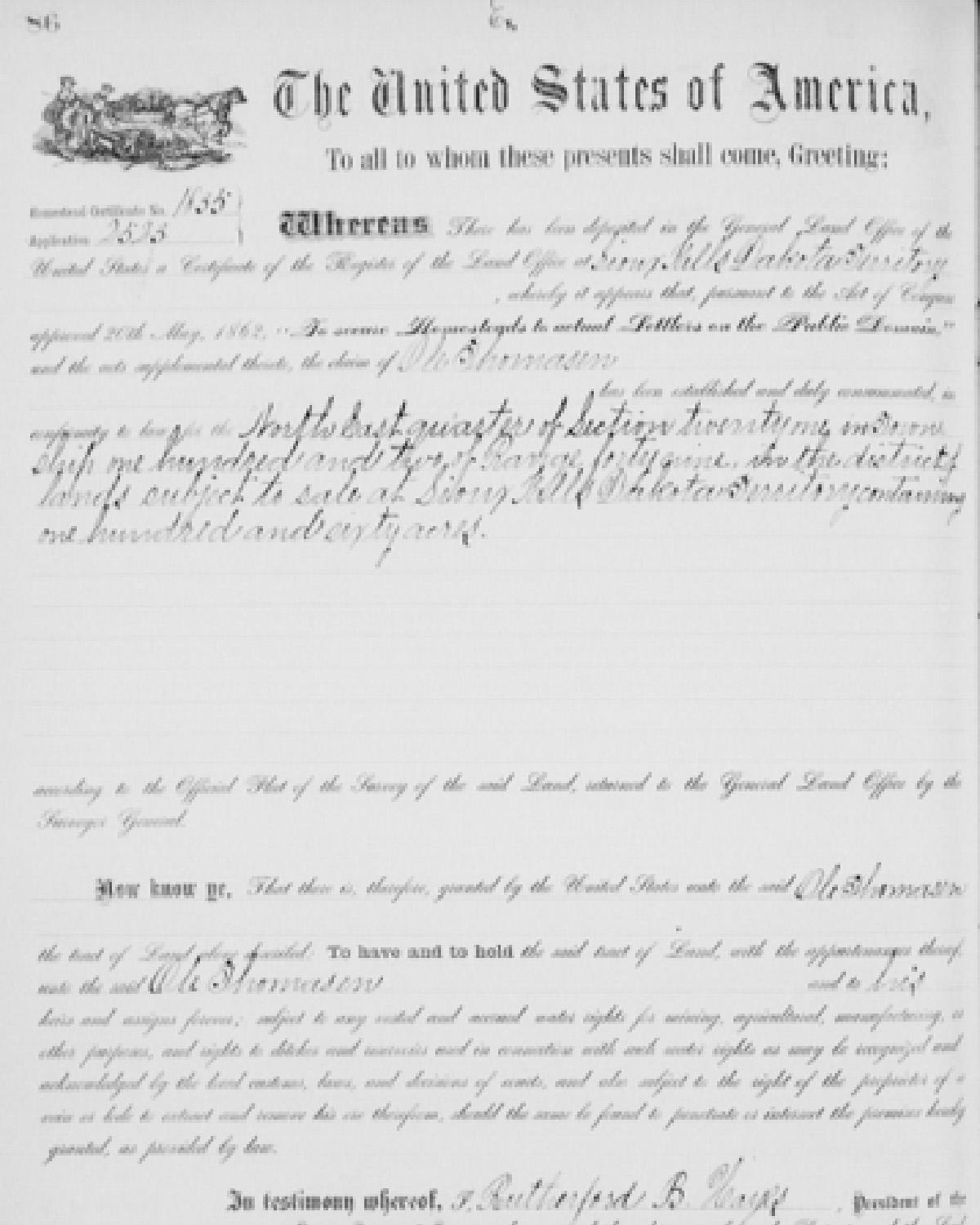Historical document of Ole Thomasen's homestead record. 