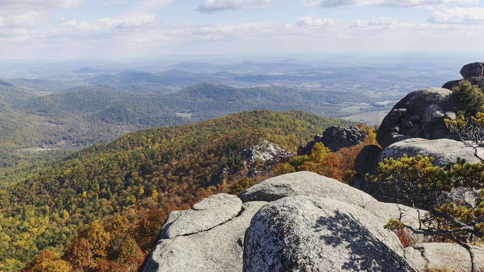 Color photo, a summit of rocks highlighted by the yellows and reds of fall colors.