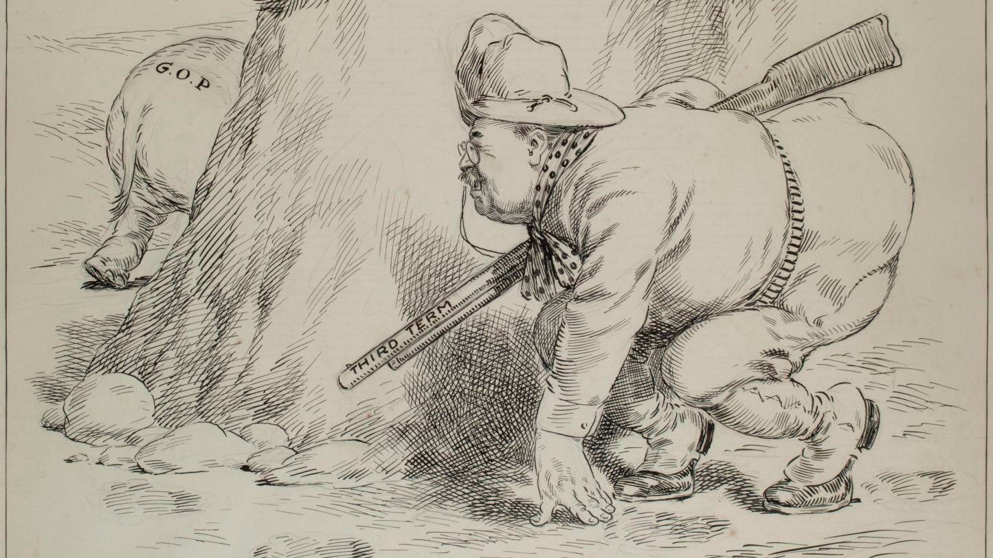 A political cartoon depicting Theodore Roosevelt stalking an elephant labeled 
