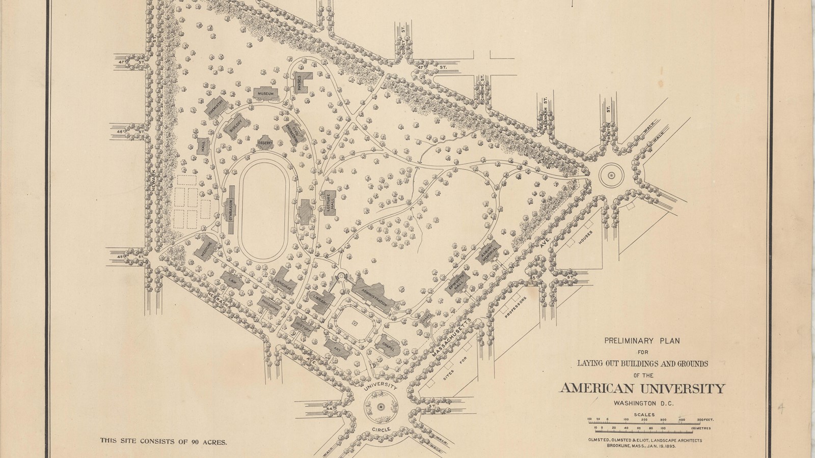 Pencil plan of long roads with trees lining them an paths and buildings between the roads