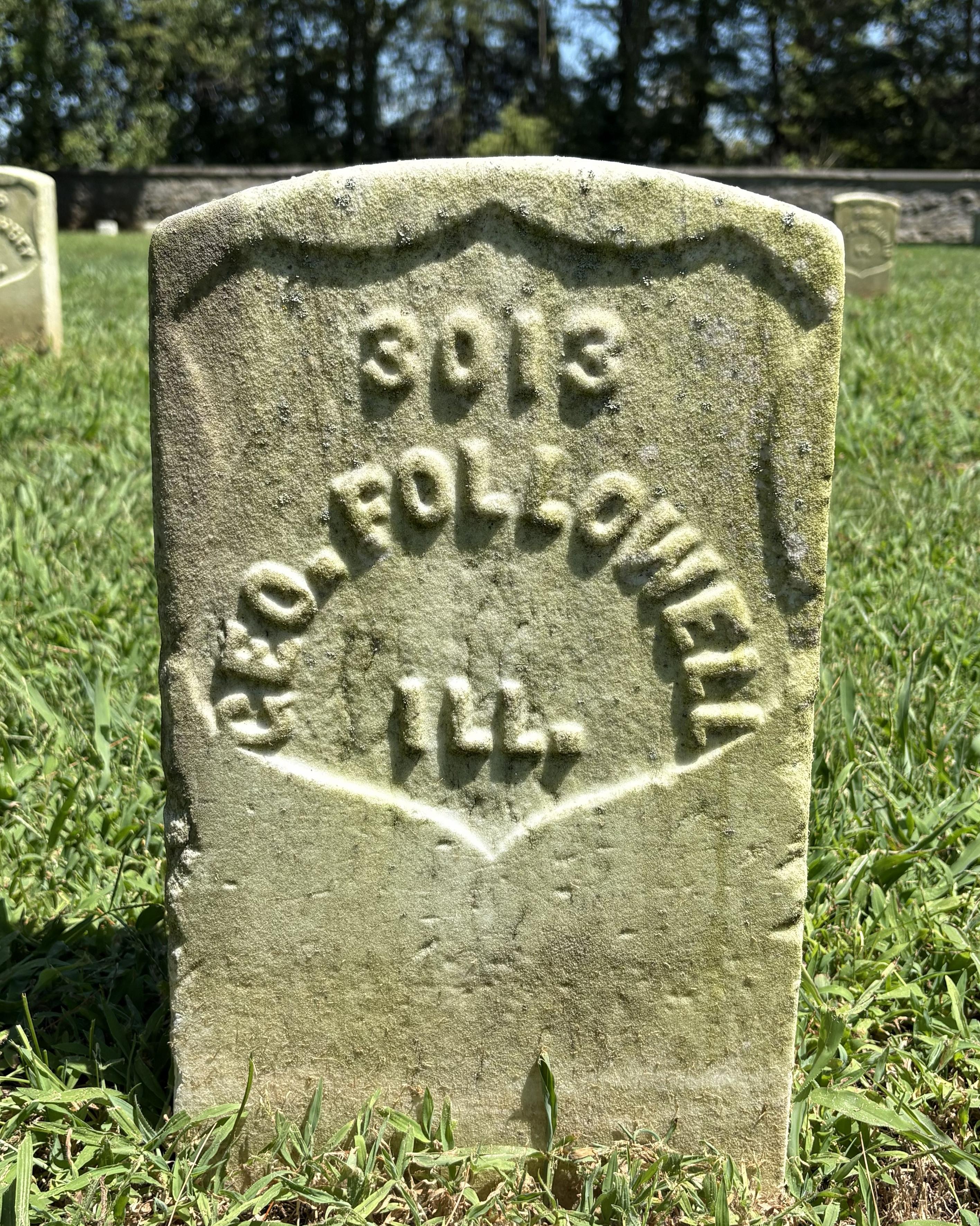Marble headstone representing the final resting place of Civil War Veteran George Followell.