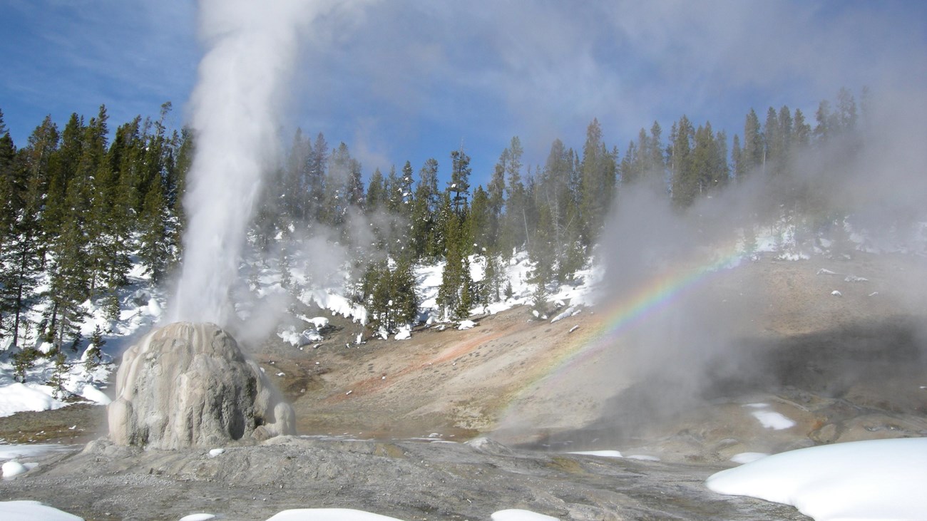 Lone Star Geyser erupting with a rainbow captured in the spray.