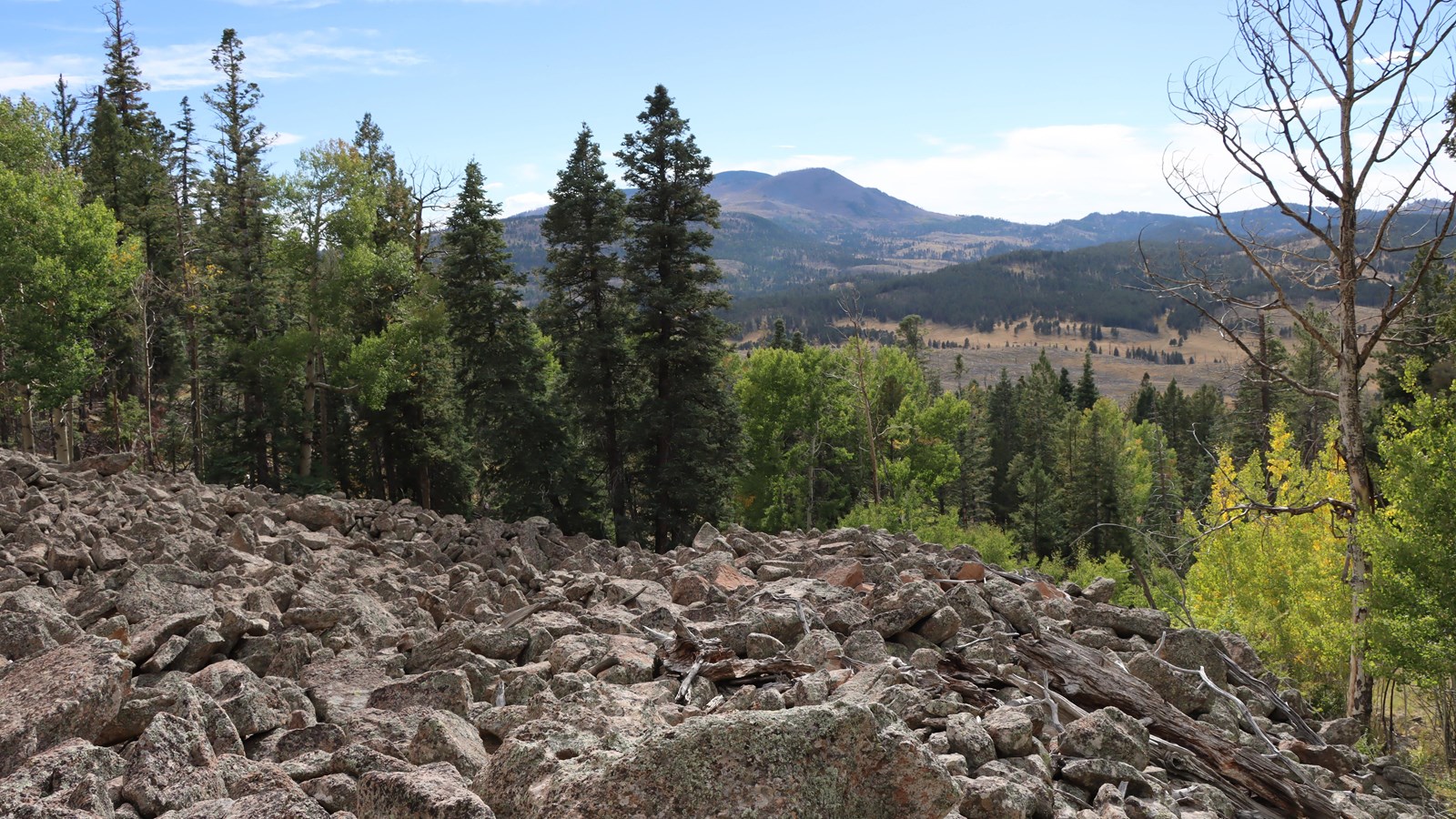 Looking across a talus slope toward distant mountains