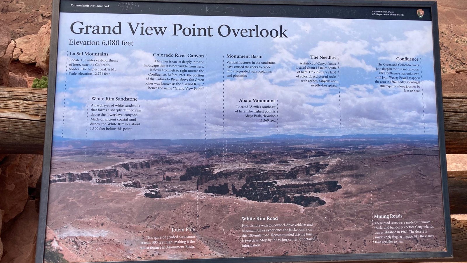 A sign at the Grand View Point Overlook provides information of what can be seen at the overlook.
