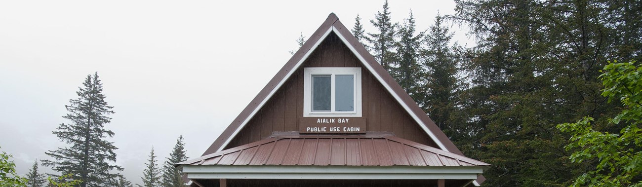 A cabin sits in the middle of a crop of trees.