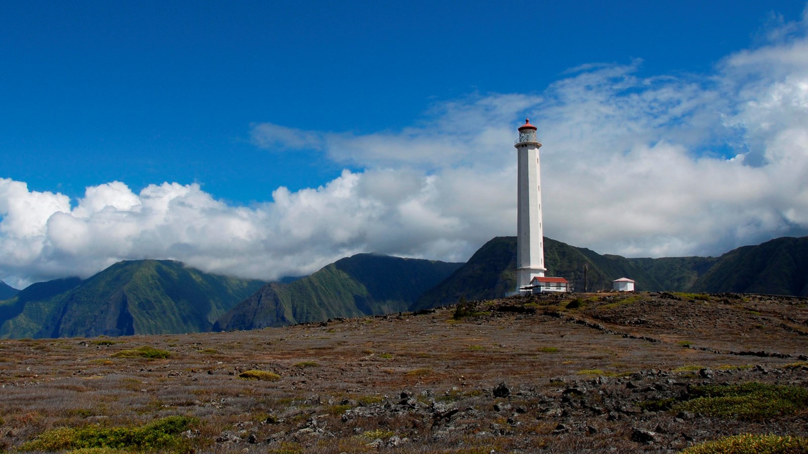 A landscape with a tall, thin, white structure