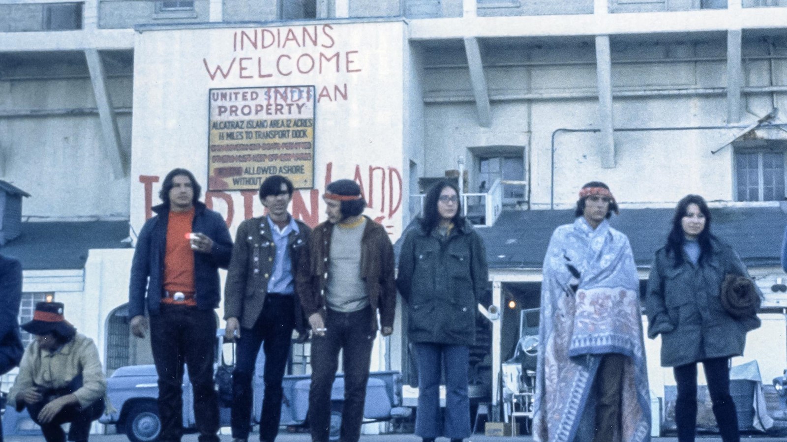 Colored photograph of the occupiers during the Indian Occupation 1969.