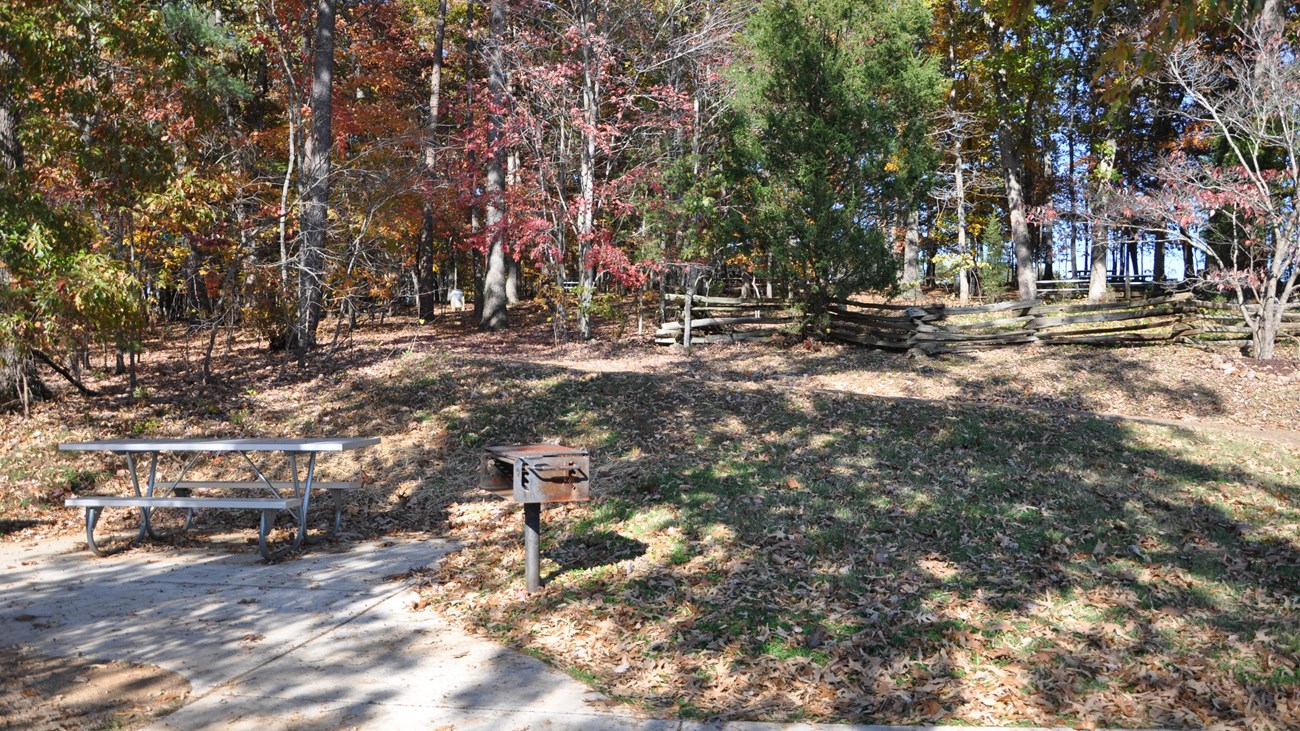 A picnic area with a grill and a picnic table located in a wooded area. 
