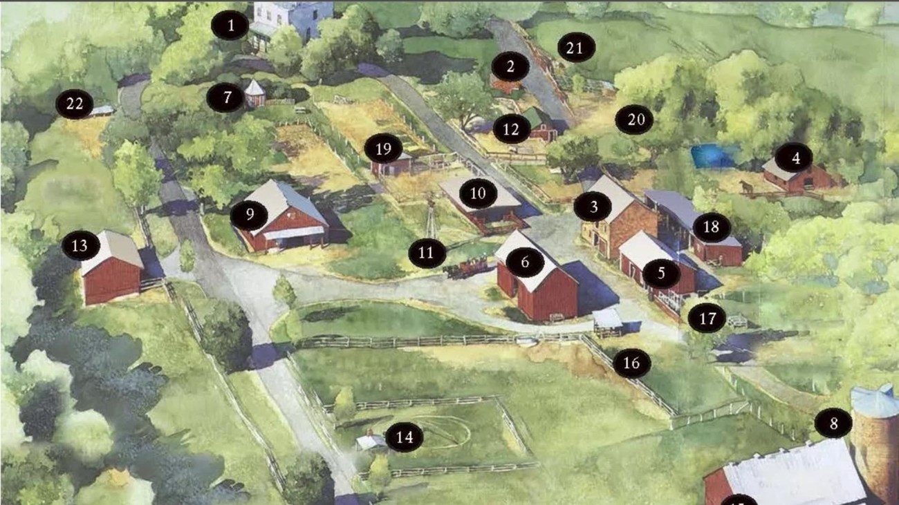 The buildings on the farm are labeled with numbers