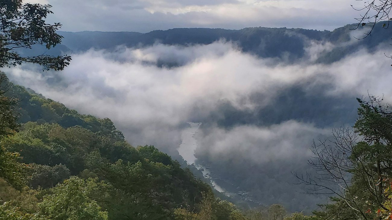 View of the deep gorge filled with clouds. A river is seen at the bottom peeking from the clouds
