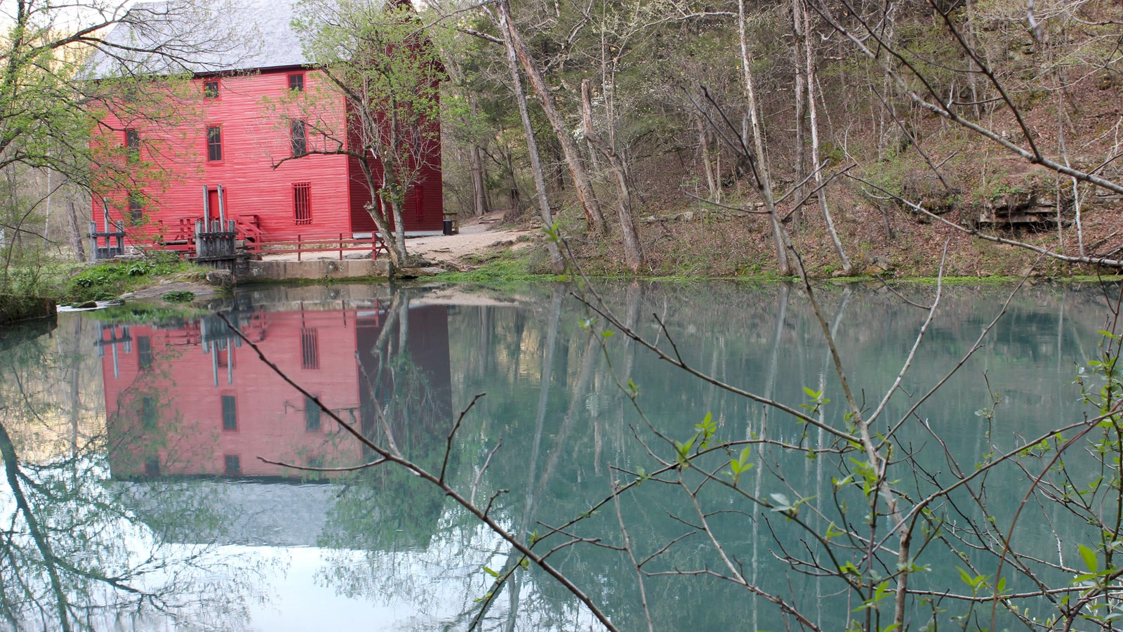 A blue pool of water with a bright red tree story structure across from vantage point