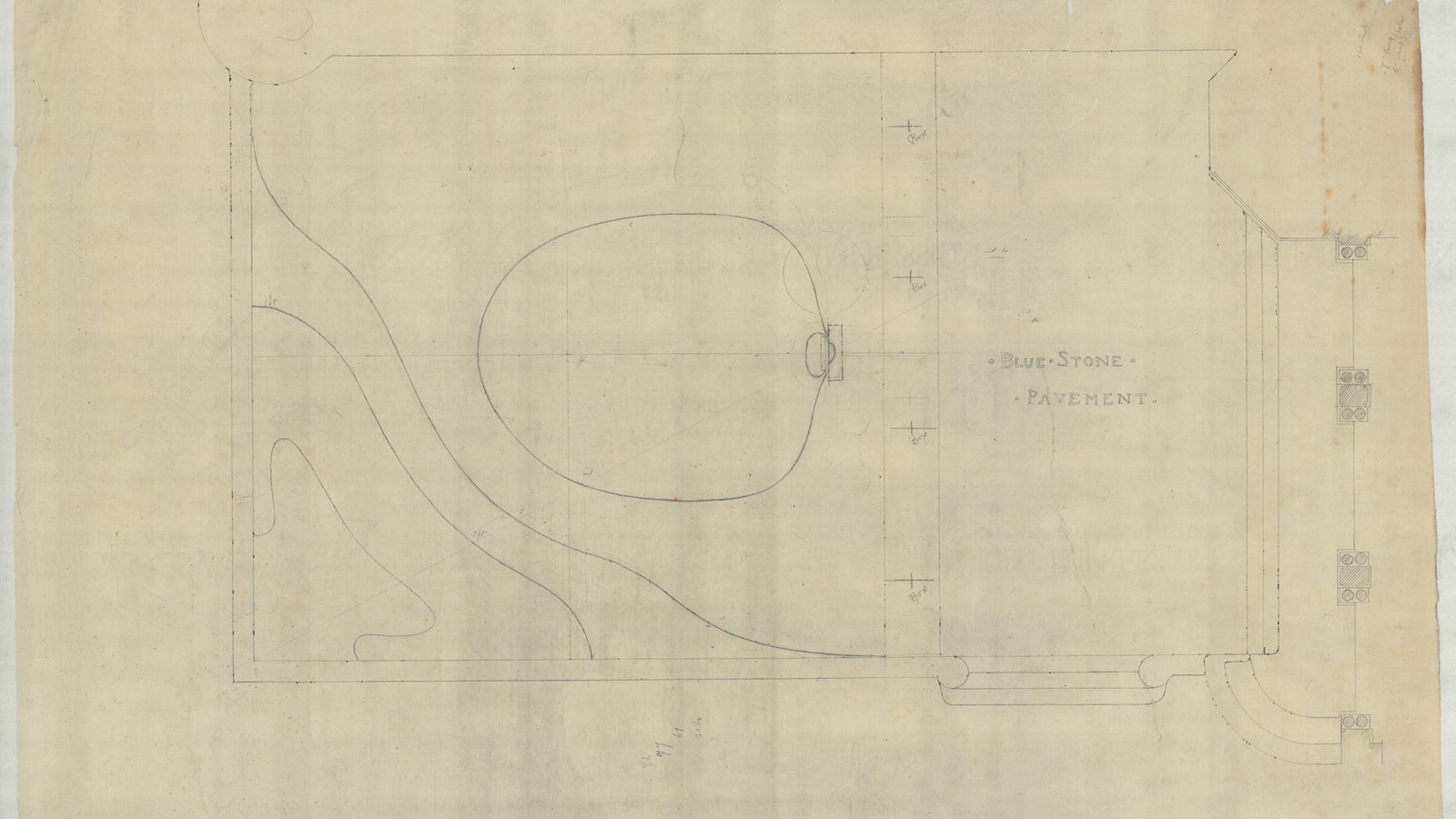 Pencil drawing of rectangular area with oval section behind a building