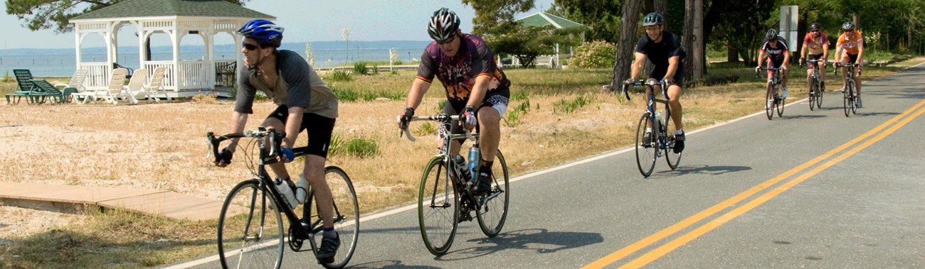 group of bicyclists on a road in Southern Maryland with a glimpse of the Potomac River