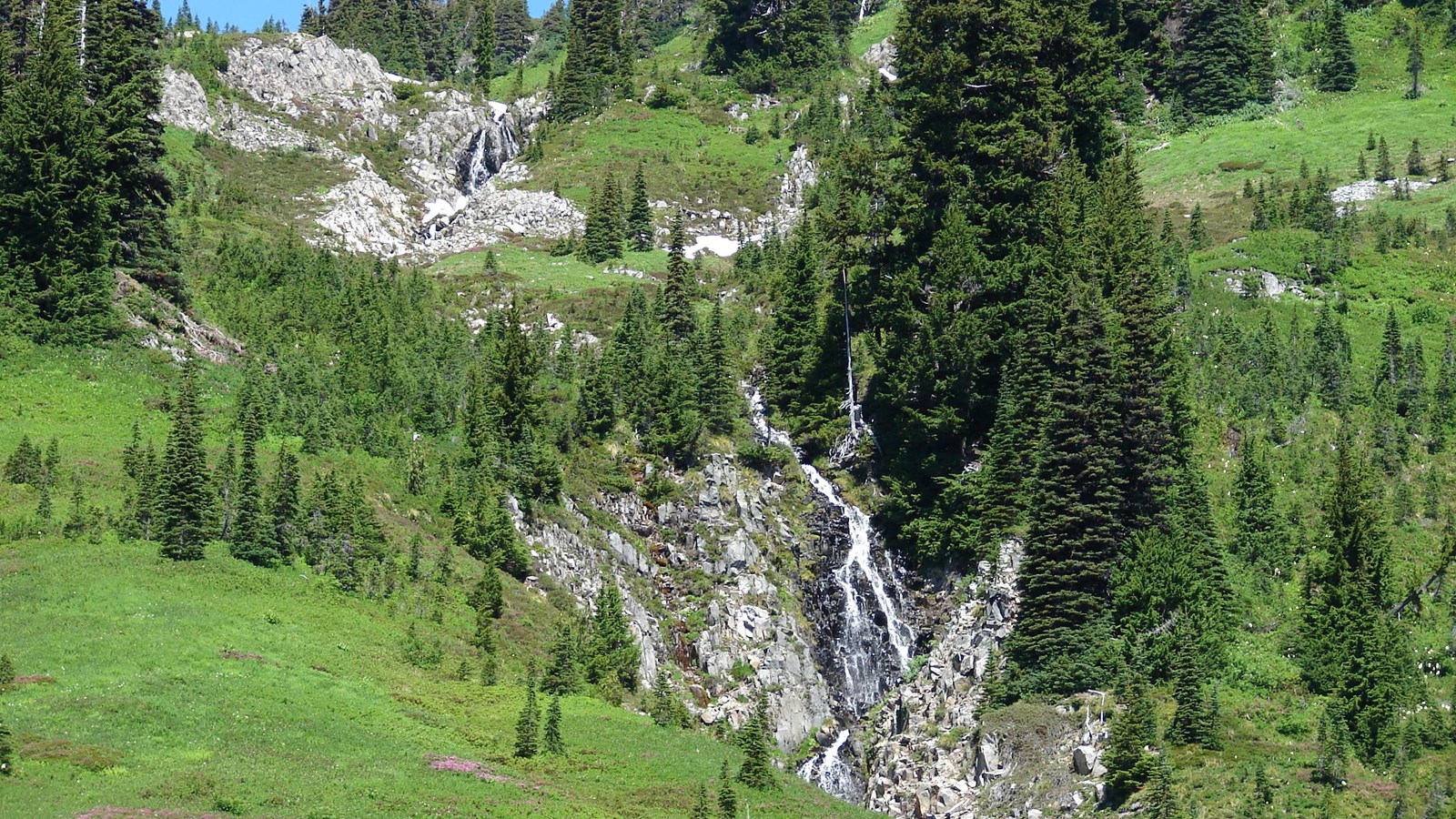 Veil-like cascade descending into green valley