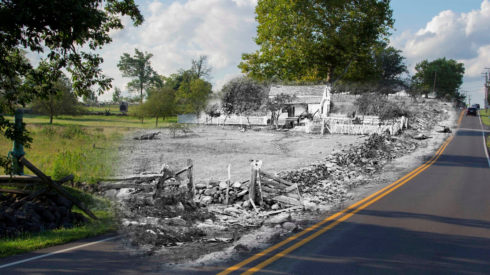 A historic image of the Leister home overlayed on a modern image of the location.