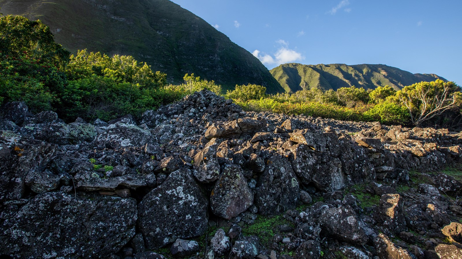 A lava rock structure surrounded by vegetation and pali in the background. 