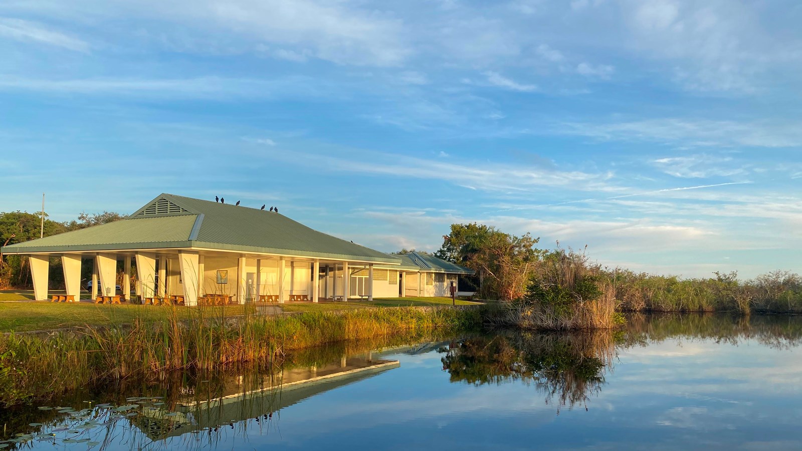 Sun hits a white building, and birds perch on the green roof. Building faces a still lake