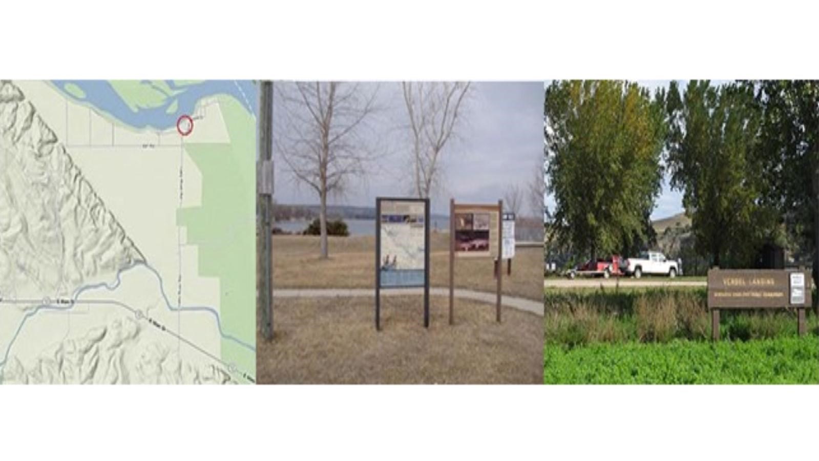 Aerial map of Verdel river access point and image of wayside near boat ramp and wooden sign.