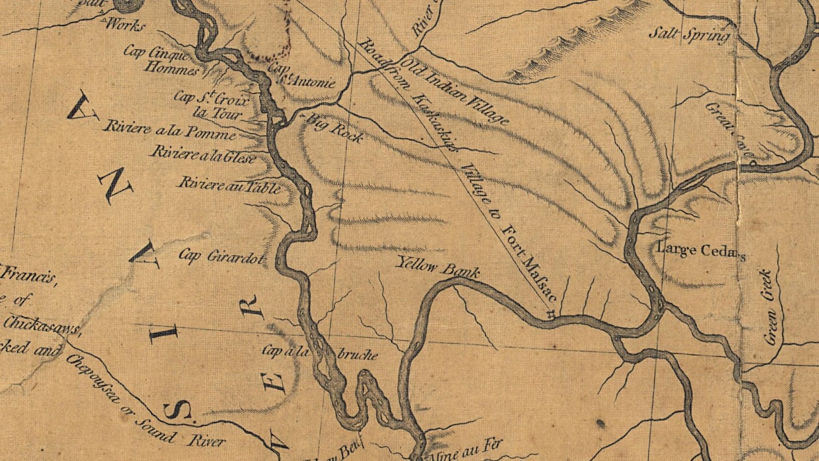 Map depicting rivers, simplified topography, a few pathways, and villages.