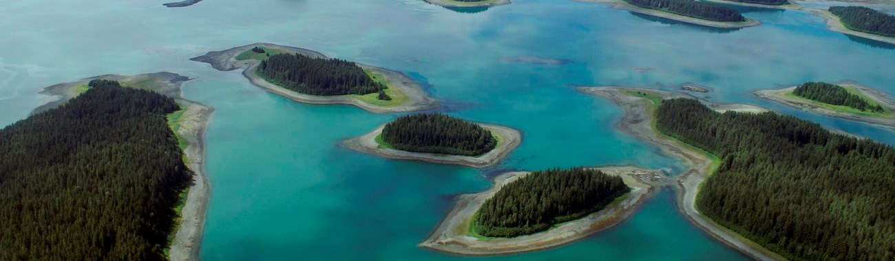 an aerial image of the beardslee islands on a clear day