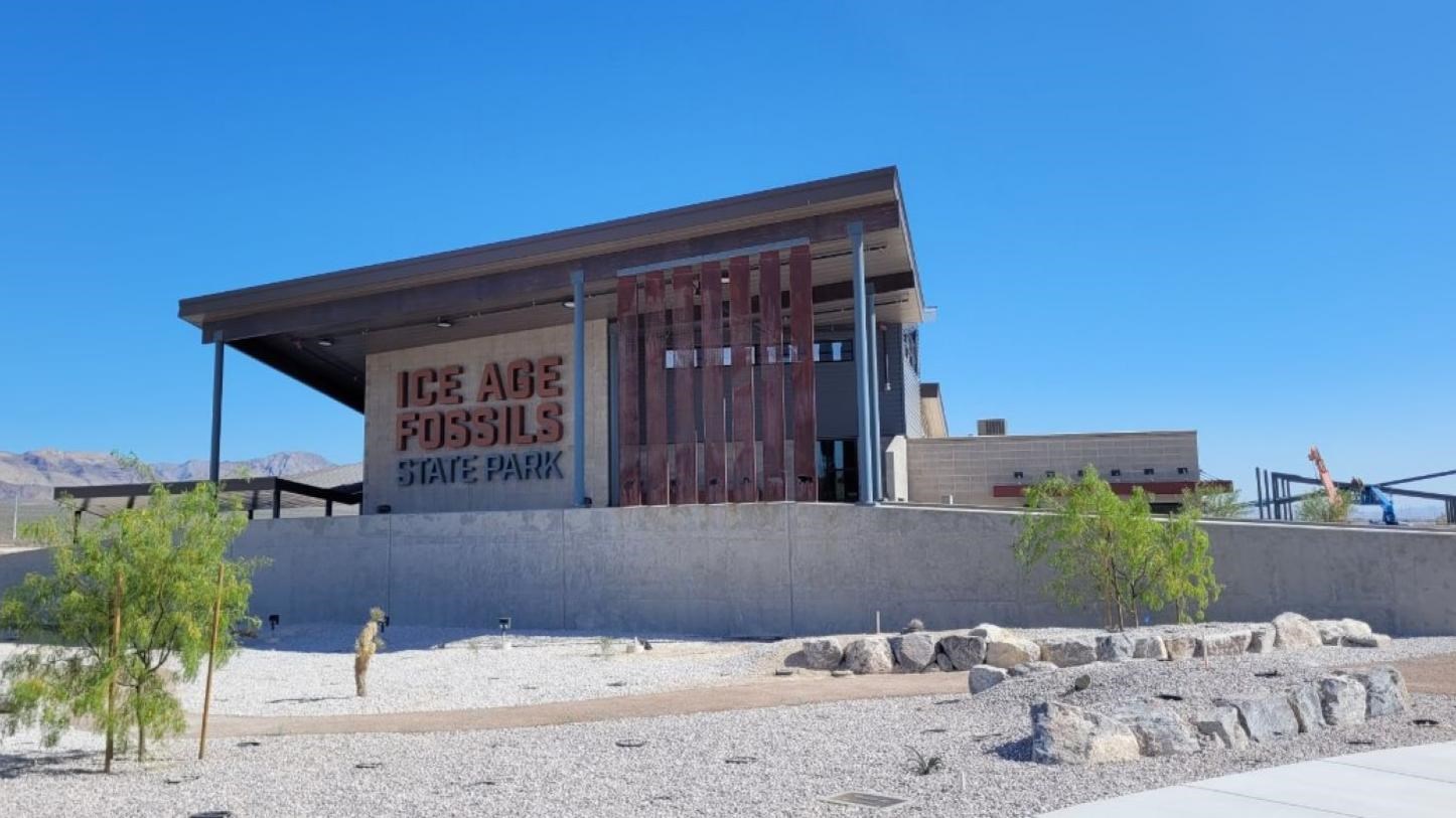 A modern, concrete building with an overhanging roof is surrounded by desert vegetation.