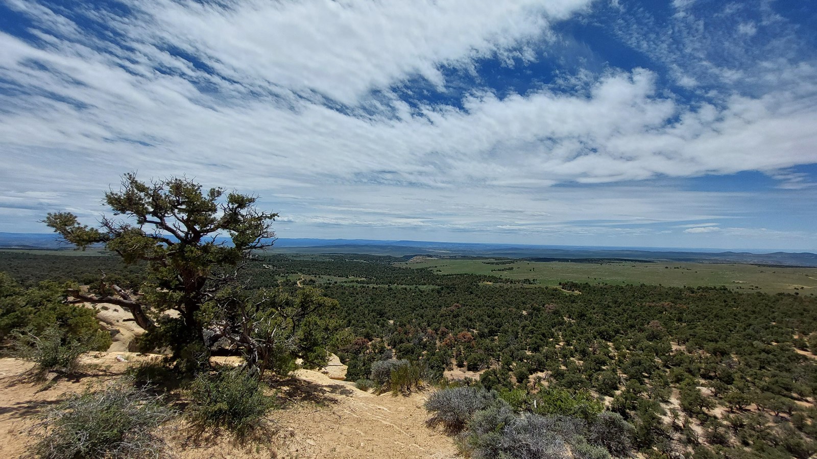 A roadside pullout with a view of a vast plateau.
