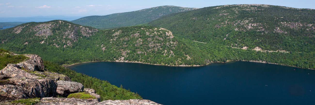 View from cliffs of forest and pond below