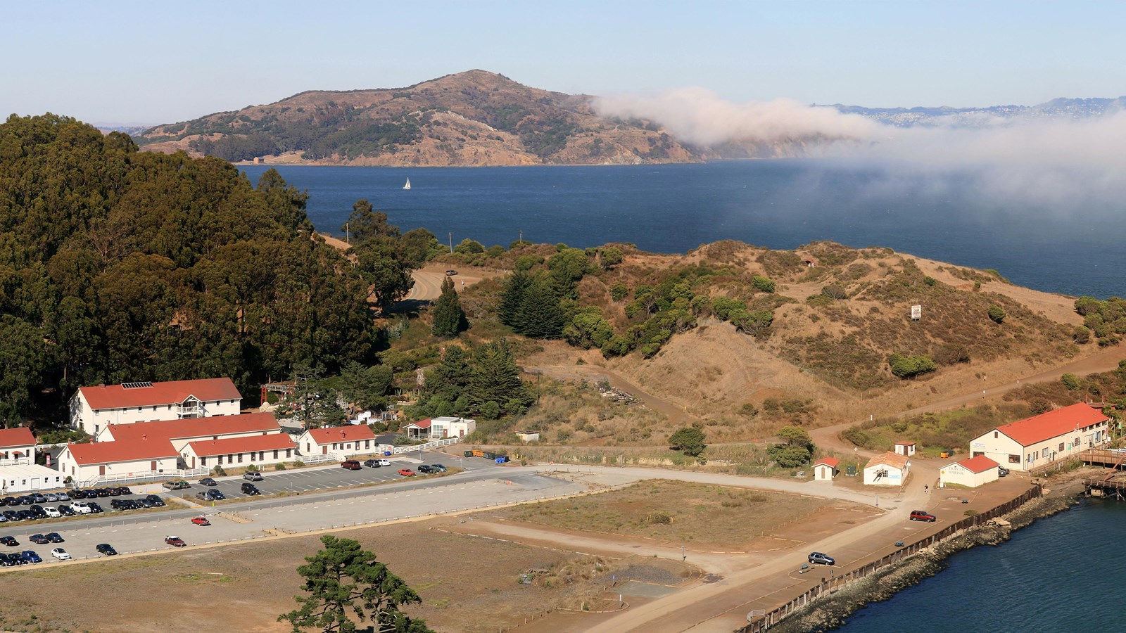 Photo of buildings on island. 