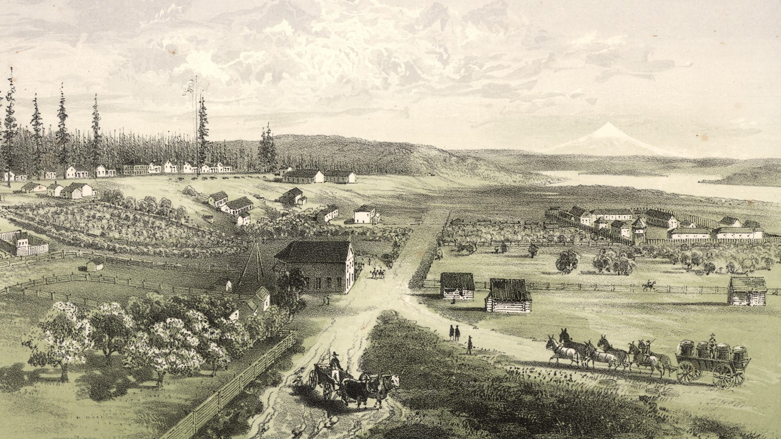An ink illustration of a grassy plain with trees, buildings, and a road with wagons.