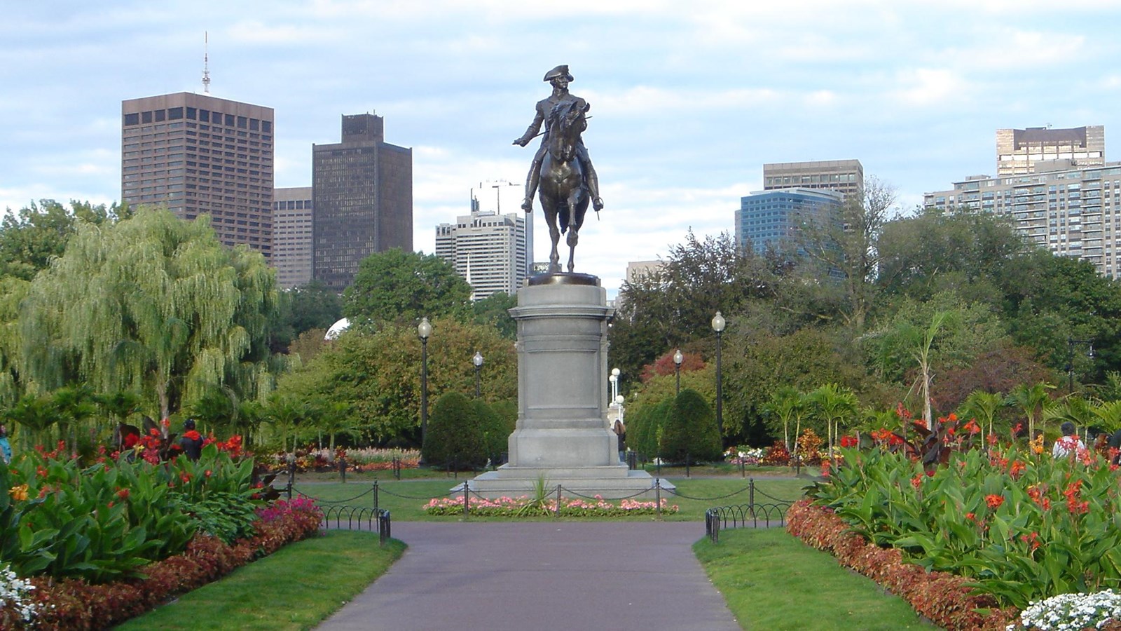 Equestrian statue in a park. 
