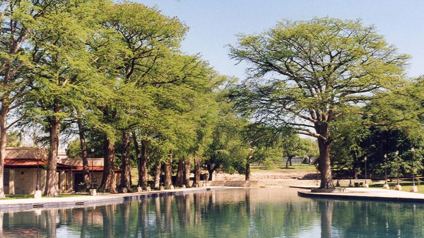 A blue-tinted body of water with trees lining it and a building to the left.