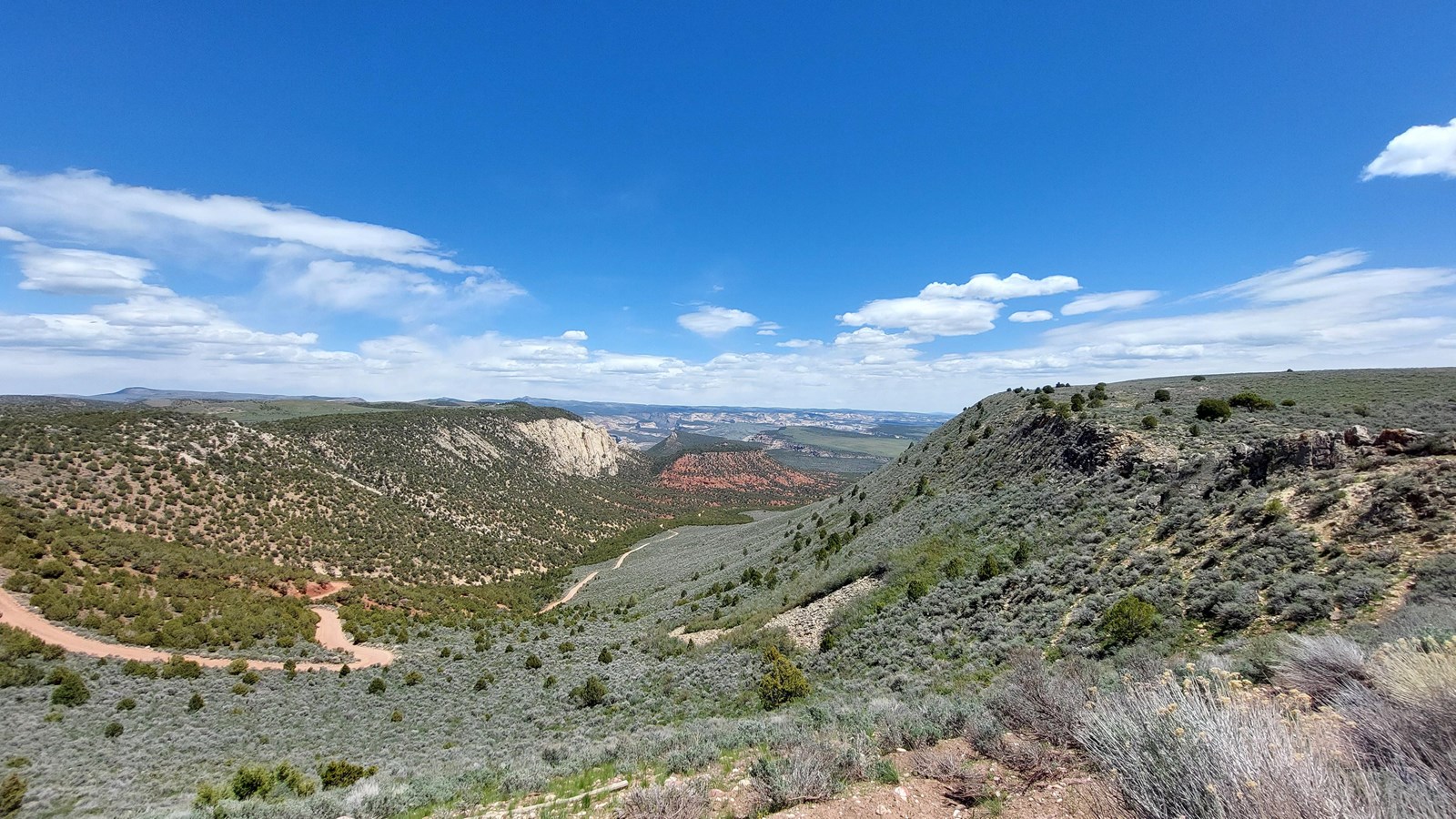 A roadside overlook with a view of a dirt road winding down into a canyon.
