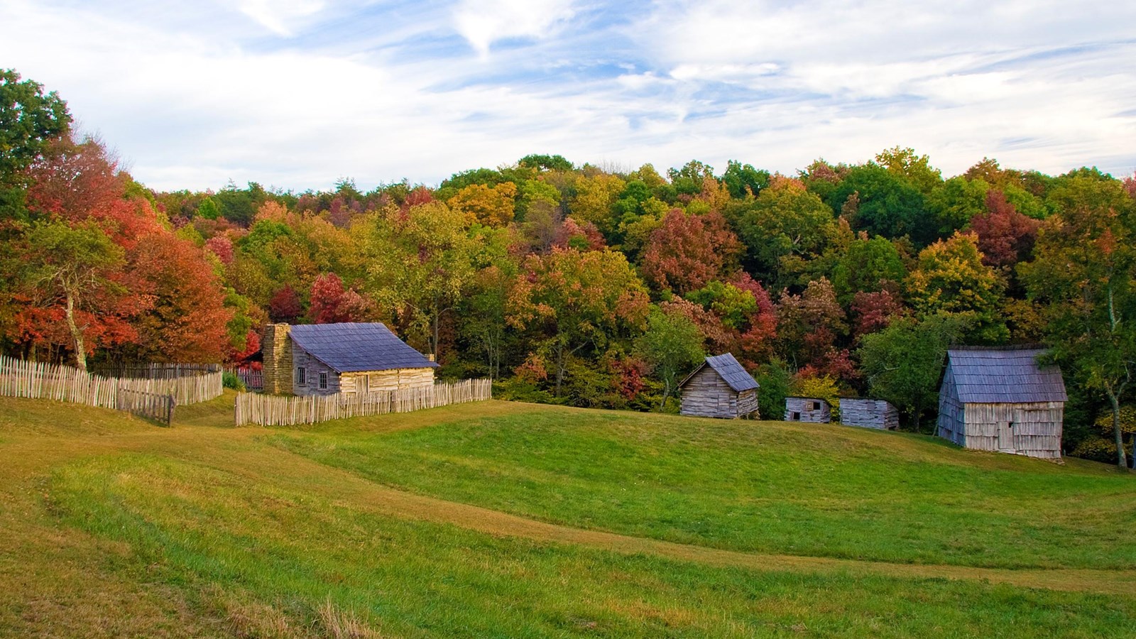 Several buildings in an open field surrounded by trees.