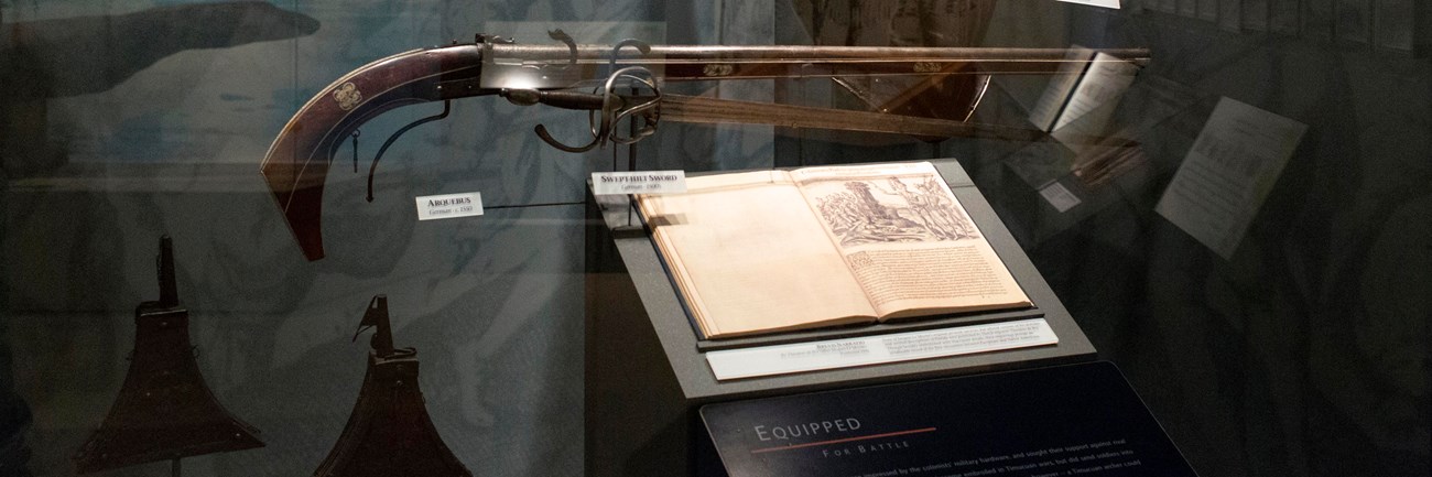 a glass display case with french armor