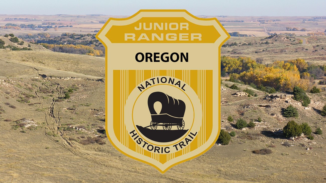 A junior ranger badge on an image of a sweeping hillside.