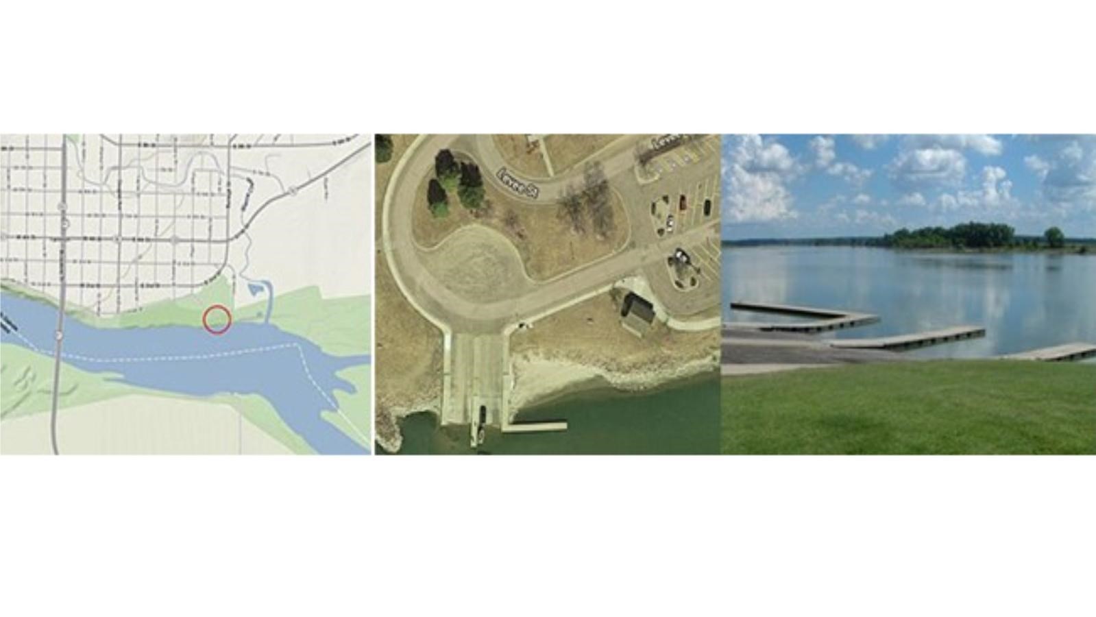 Aerial view of Riverside park river access point. Boat ramp and paddling access to Missouri River.