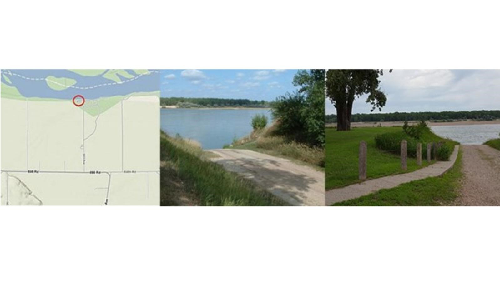 Aerial map of river access. Boat ramp is paved and lined by green grasses and a sidewalk.