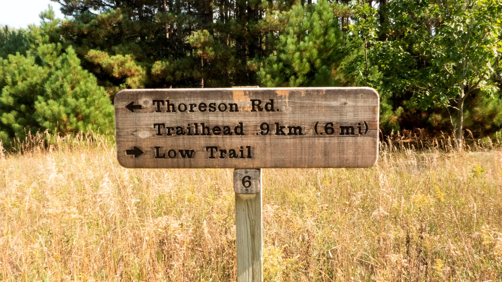 A wooden sign with text. Arrow to left Thoreson Rd. Trailhead .9km (.6mi).  Arrow to right Low Trail