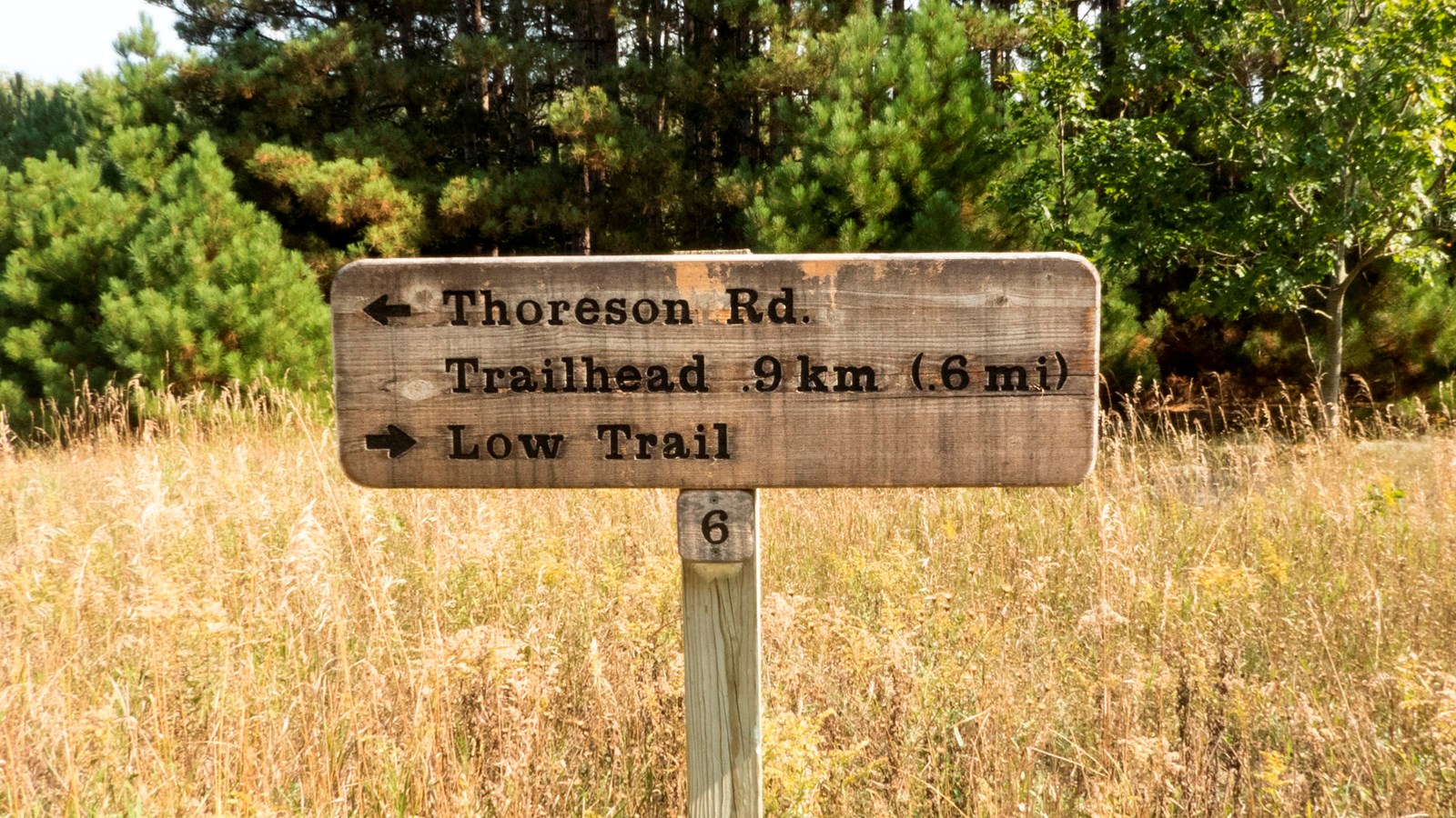 A wooden sign with text. Arrow to left Thoreson Rd. Trailhead .9km (.6mi). Arrow to right Low Trail